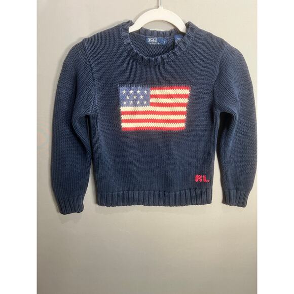 Vintage Unisex Kids Polo Ralph Lauren Navy American Flag Sweater Sz Small 6 - Picture 15 of 16